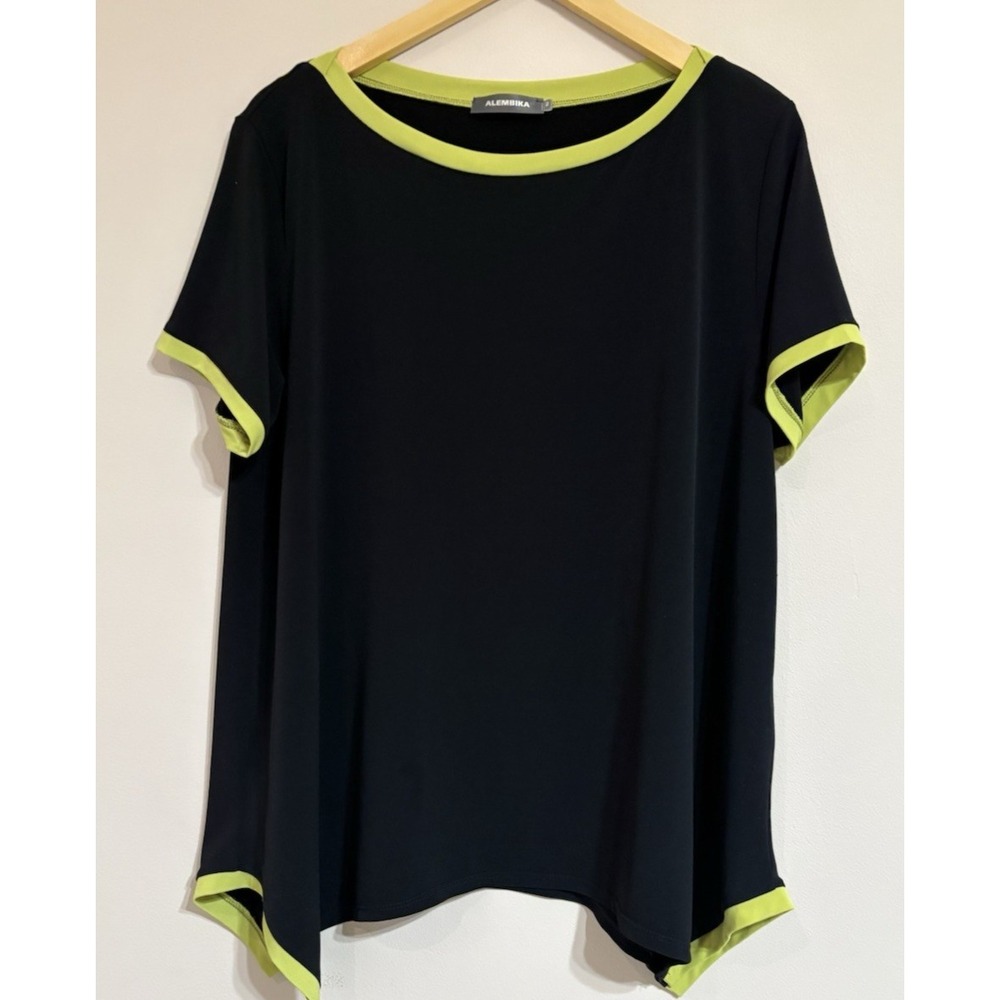 Alembika Womens 2 M Black Tunic Green Trim Handkerchief Hem Lagenlook Artsy Isra